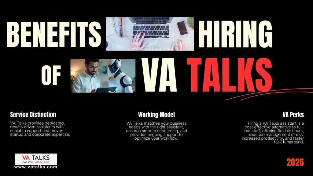 Benefits of hiring VA Talks virtual assistant services, highlighting service distinction, flexible working model, cost efficiency, and increased business productivity