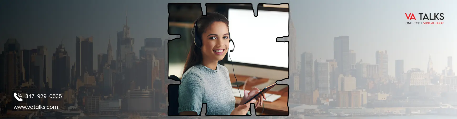 Virtual assistant providing remote business support with headset, representing professional virtual assistant services for New York businesses