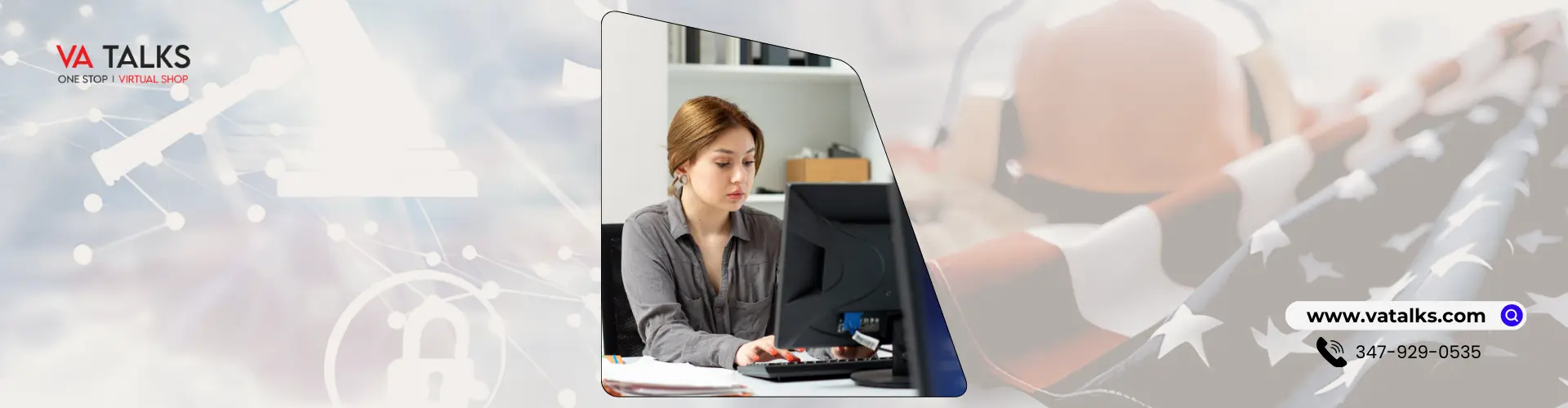 Virtual assistant working at a desktop computer, representing VA Talks’ professional remote support services for businesses in New York.