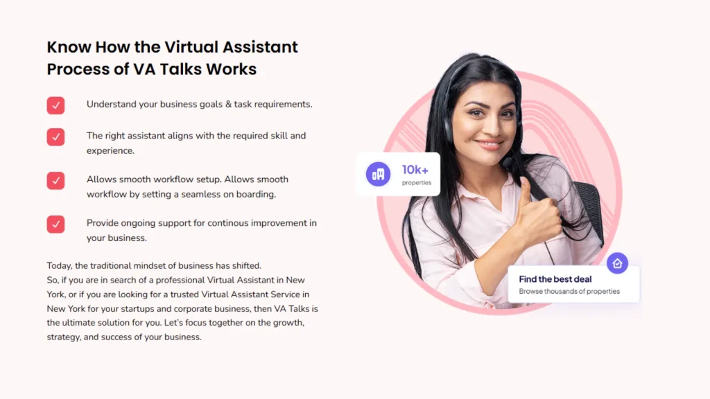 Customer support virtual assistant wearing a headset and smiling, illustrating the virtual assistant process of VA Talks including onboarding, workflow setup, and ongoing business support.
