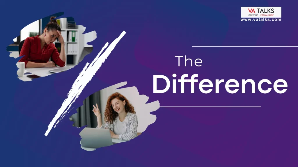 Visual comparison showing an overwhelmed business professional versus a focused, relaxed entrepreneur, highlighting the difference virtual assistant services make in modern business operations.