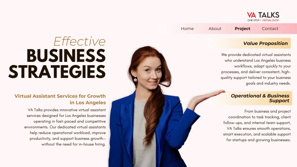 Virtual assistant services for business growth in Los Angeles, featuring a professional consultant highlighting operational and marketing support by VA Talks.