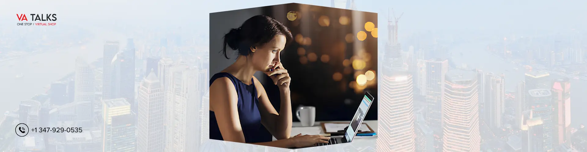Businesswoman working on laptop against Dubai skyline background, representing hidden operational costs and virtual assistant services in UAE.