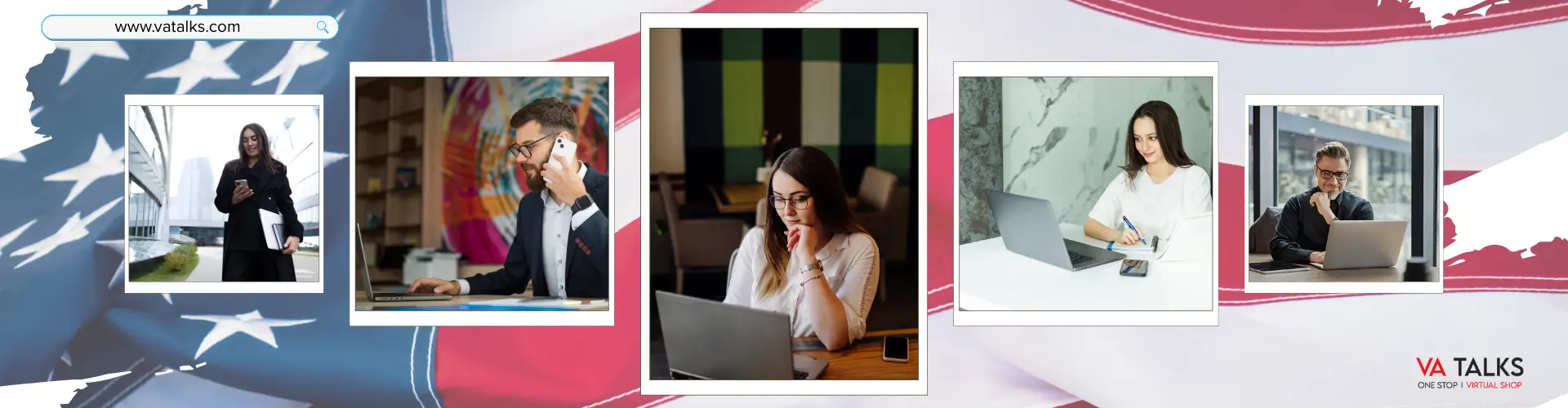 Collage of professional entrepreneurs working on laptops and phones against a USA flag background, representing business preparation and virtual assistant support by VA Talks.