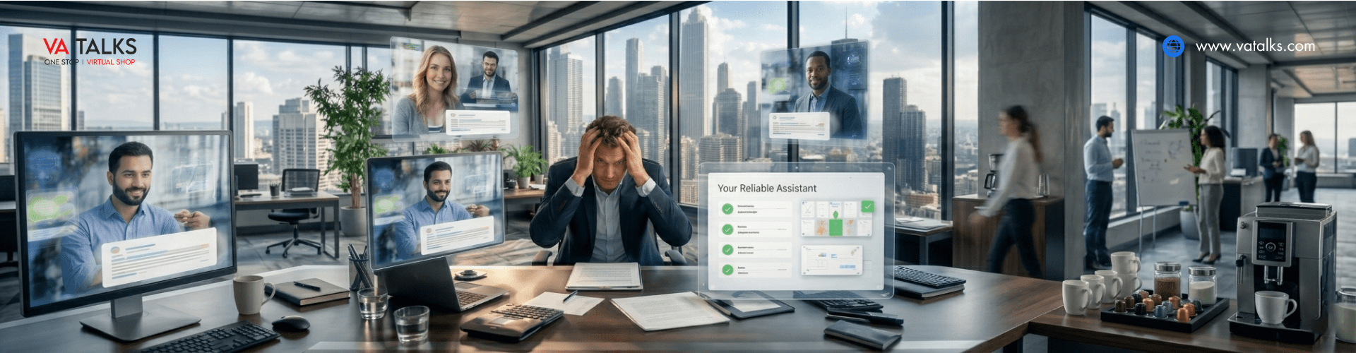 Busy professional in a modern office overwhelmed by tasks while managing multiple screens, illustrating how a virtual assistant in Chicago helps streamline business operations and remote support