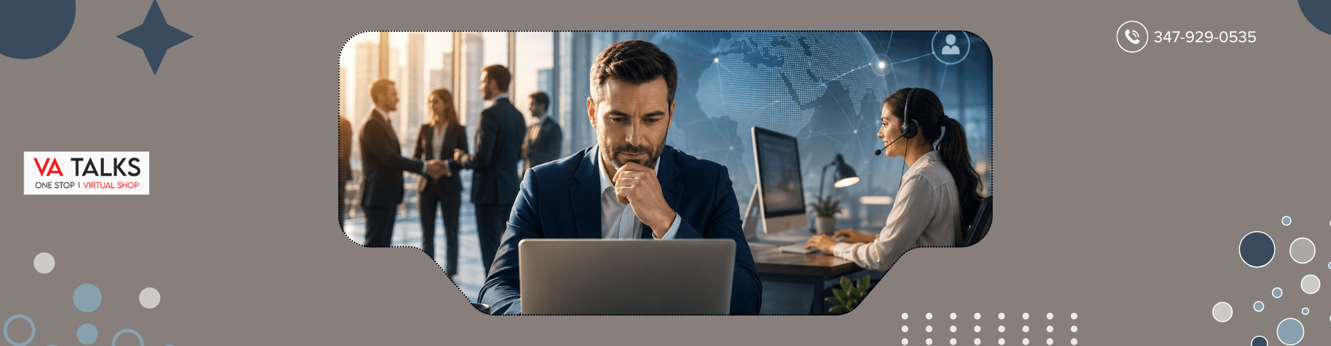 Professional business leader working on a laptop while a remote virtual assistant provides support in the background, representing the invisible team behind executive success and business growth.