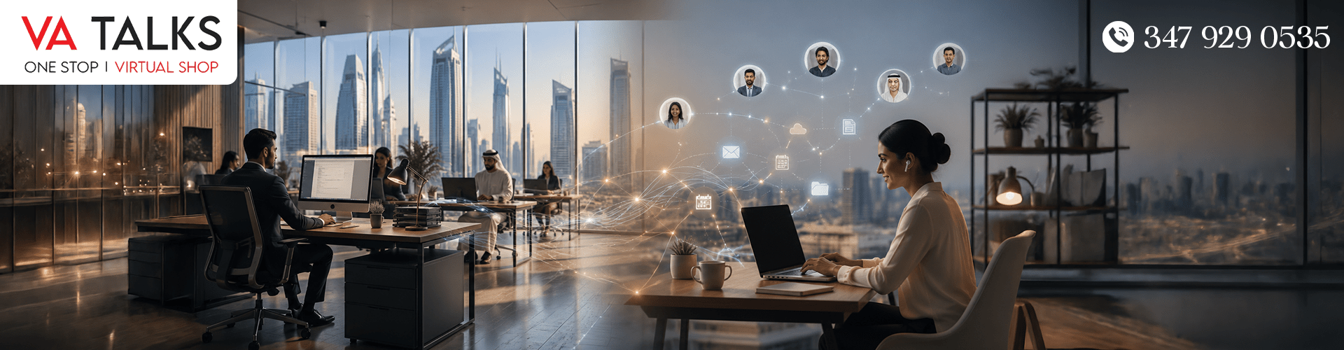 Virtual Assistant vs In-House Hiring for UAE Businesses Split-view comparing in-house office hiring and virtual assistant support for UAE businesses