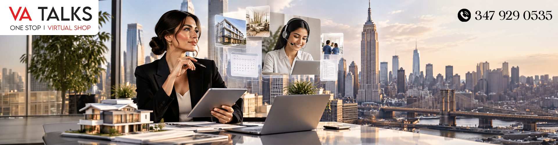 Why Every New York Real Estate Agents Needs a Virtual Assistant in 2026- How to Find the Right One Real estate virtual assistant working on a laptop with the New York skyline in the background