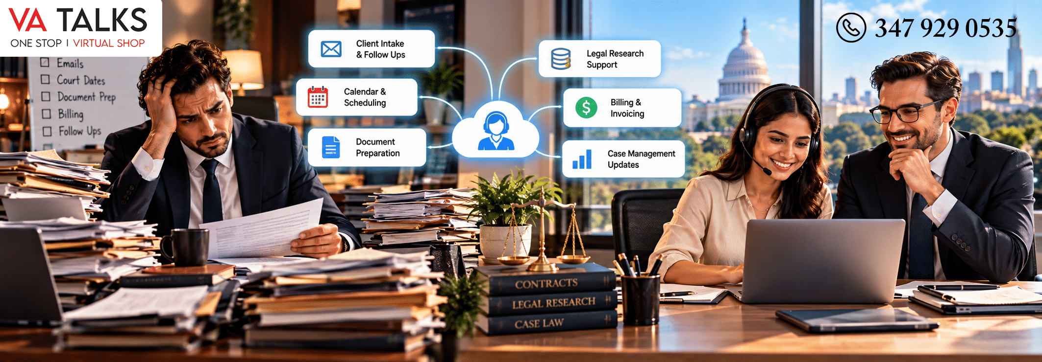Legal virtual assistant support dashboard for a US law firm, shown over a busy office workspace