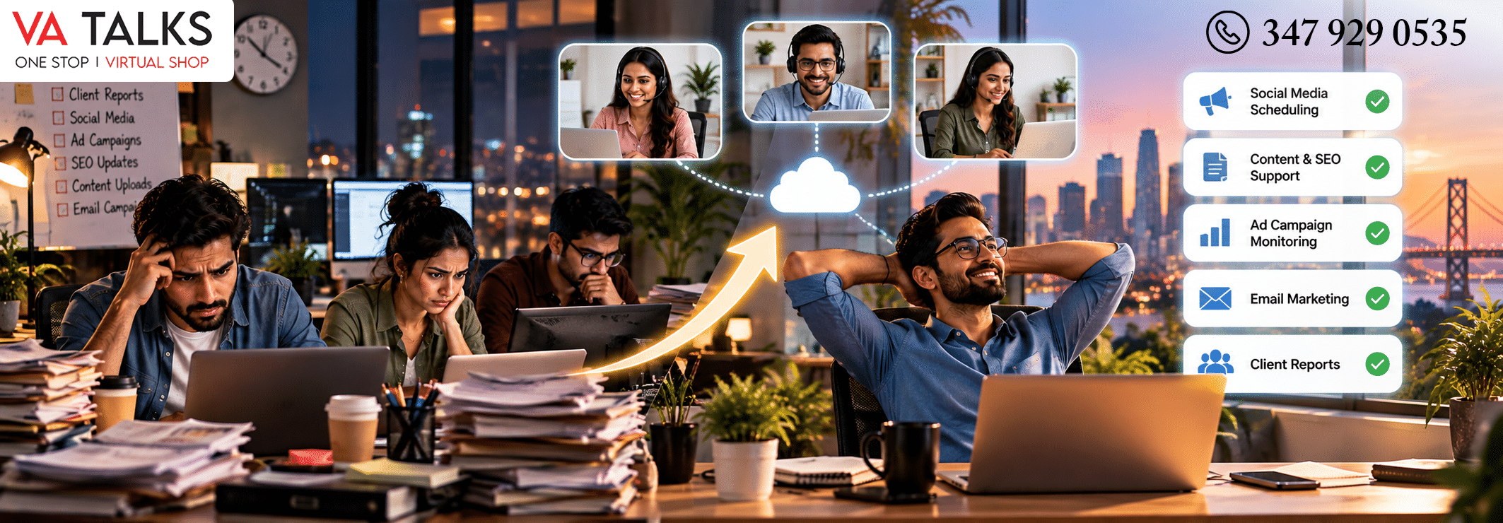 Remote virtual assistant team supporting a digital marketing agency, shown with dashboard cards and a cloud icon